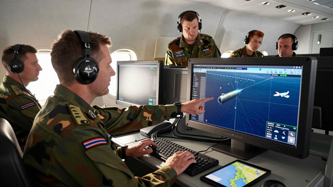 Militares de uniforme camuflado e auscultadores operam gráficos 3D e mapas num ambiente de controlo dentro de avião.