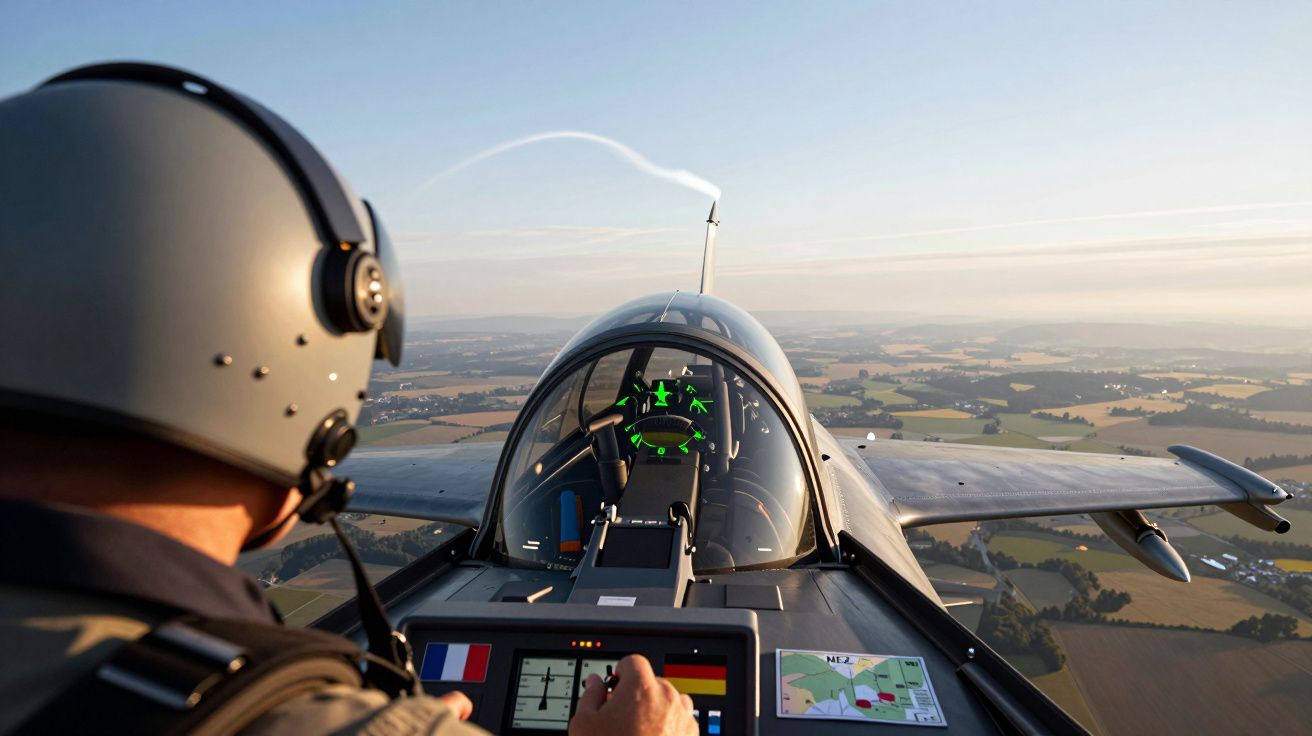 Piloto dentro da cabine de um avião em voo, com painel de controlo e paisagem rural ao fundo.