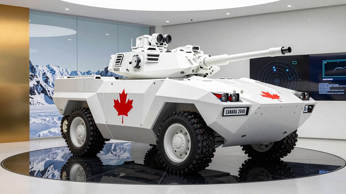 Veículo blindado branco com símbolo da folha de bordo do Canadá exposto em museu moderno.