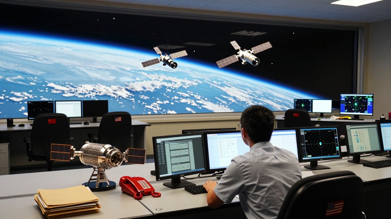 Sala de controlo espacial com um operador a monitorizar satélites e imagens da Terra em ecrãs digitais.