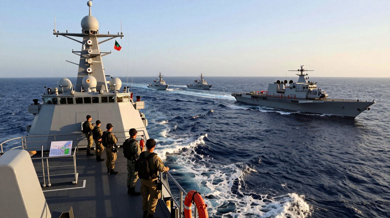 Marinha portuguesa com seis militares a bordo de um navio de guerra em alto mar e outros três navios no horizonte.