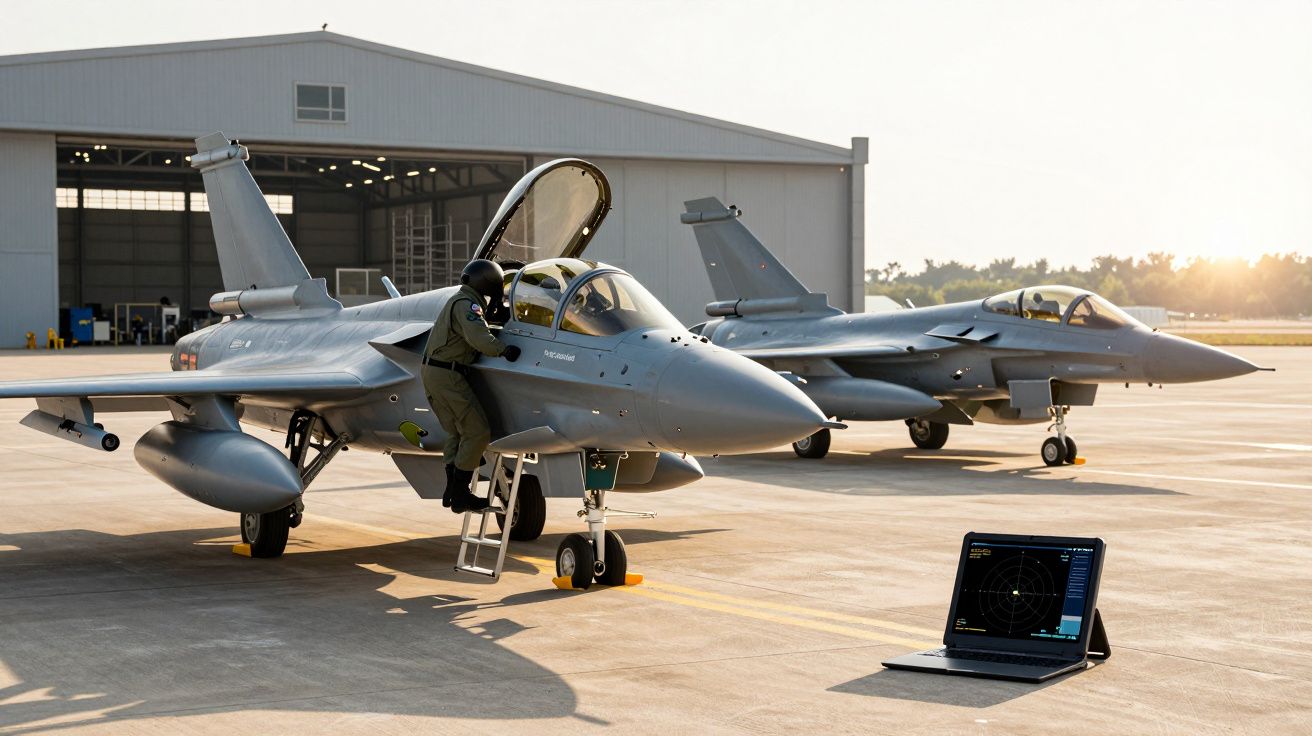 Dois caças militares estacionados em pista, com piloto a entrar num e ecrã de radar no chão.