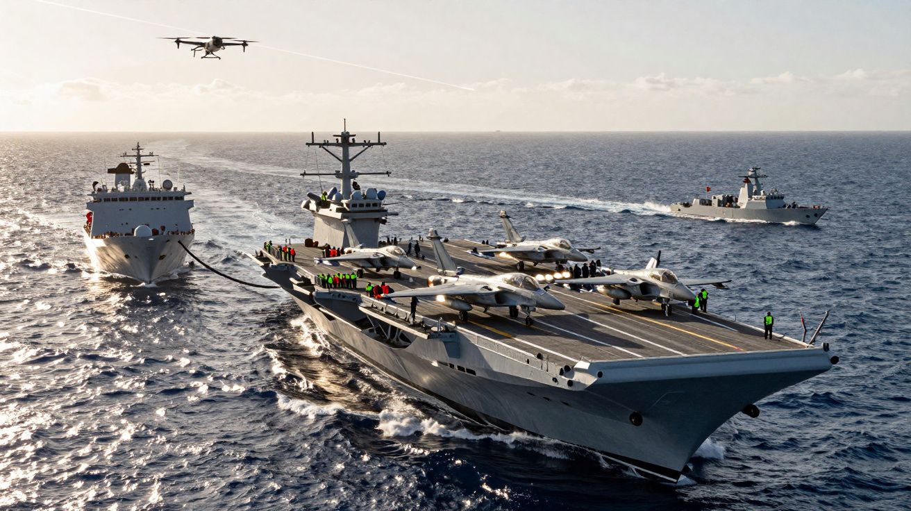 Porta-aviões com caças a bordo escoltado por outros navios militares no mar durante o dia.