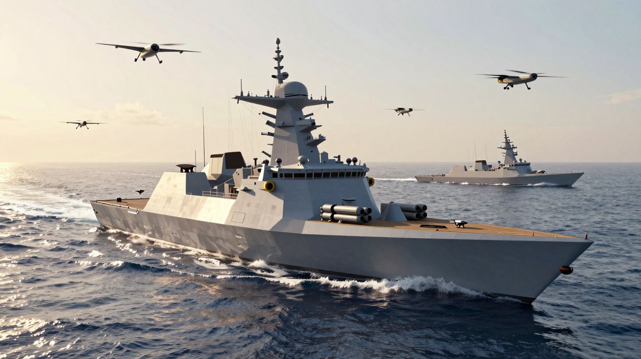 Duas fragatas militares no mar com drones voando ao redor ao pôr do sol.