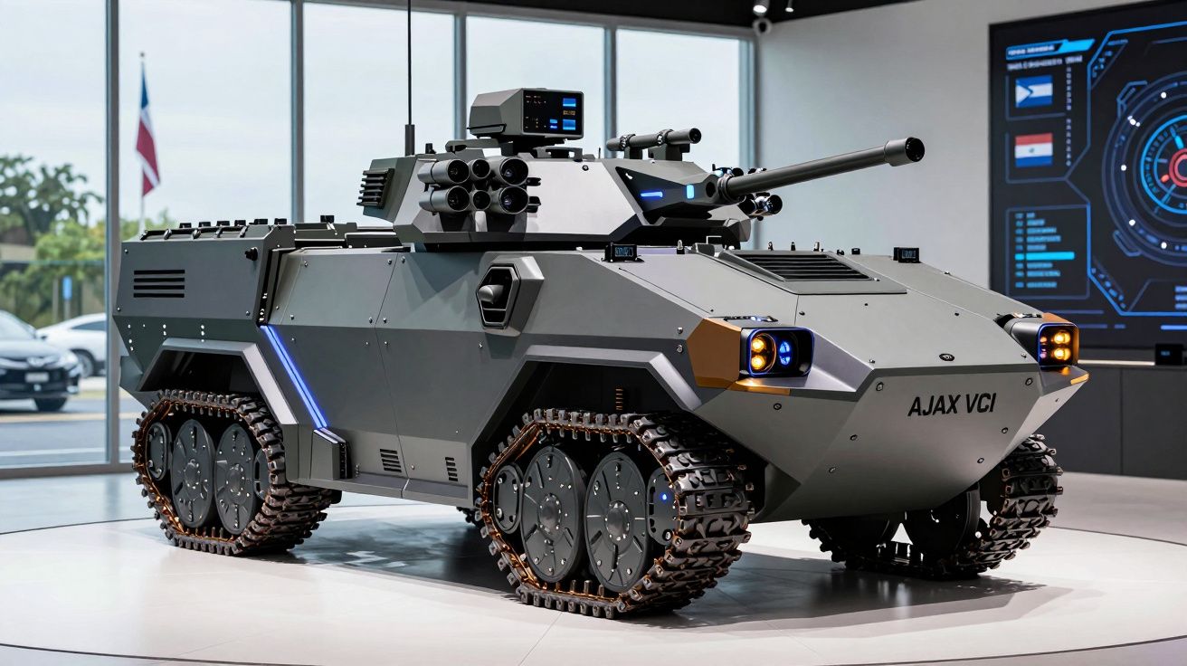 Veículo blindado de combate AJAX VCI exibido em ambiente interno com janelas e painéis eletrónicos ao fundo.