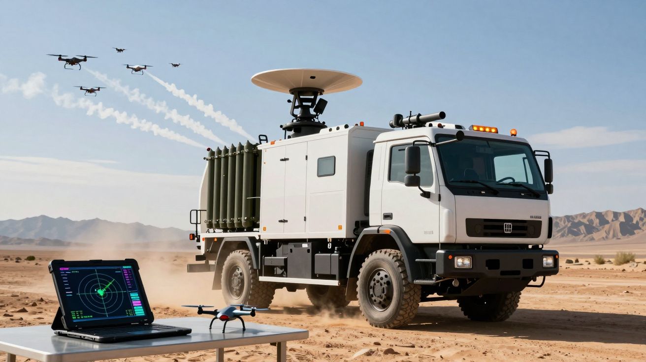 Camião militar com radar em ambiente desértico, drone sobre mesa com radar e vários drones no céu.