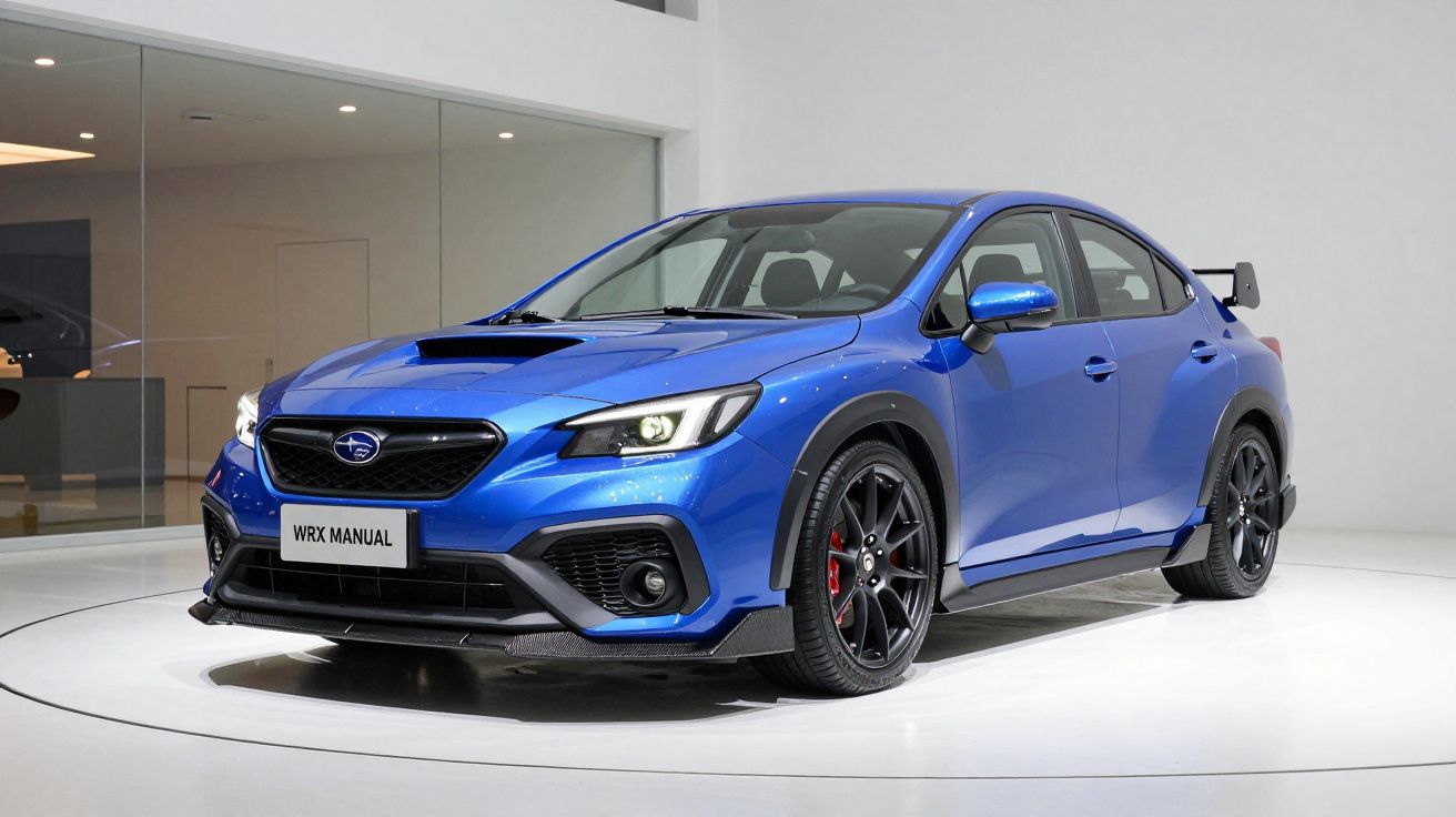 Carro desportivo azul Subaru WRX Manual exposto em showroom moderno com iluminação branca.