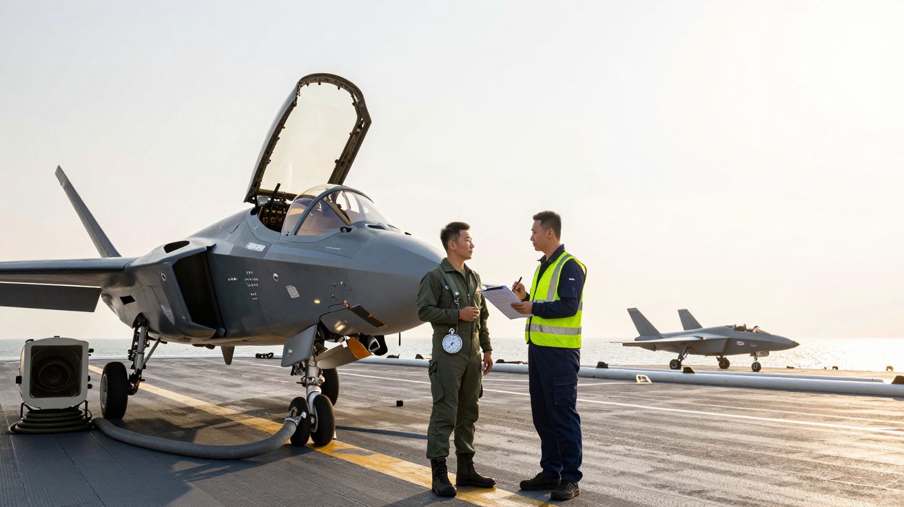 Dois homens em uniforme conversam junto a um caça estacionado numa pista de descolagem com outro jato ao fundo.