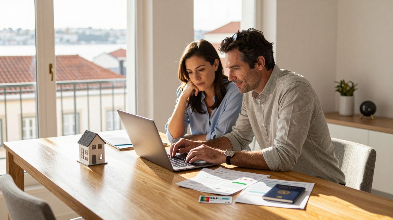 Casal a analisar documentos e a trabalhar num portátil à mesa com maquete de casa numa divisão luminosa.