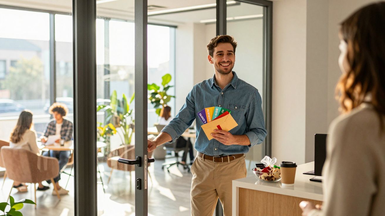 Homem sorridente a entrar no escritório com documentos coloridos nas mãos e colegas a trabalhar ao fundo.