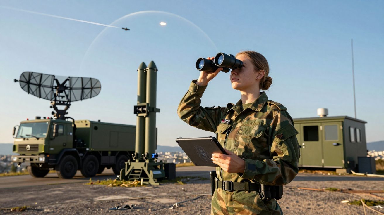 Militar observa com binóculos enquanto equipamento militar e jato voador estão ao fundo sob céu limpo.