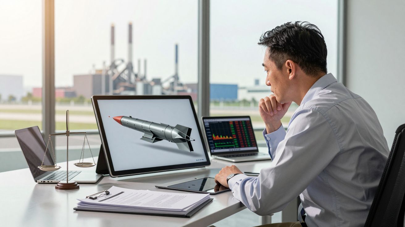 Homem a analisar imagem 3D de míssil no computador num escritório com vista para indústria.