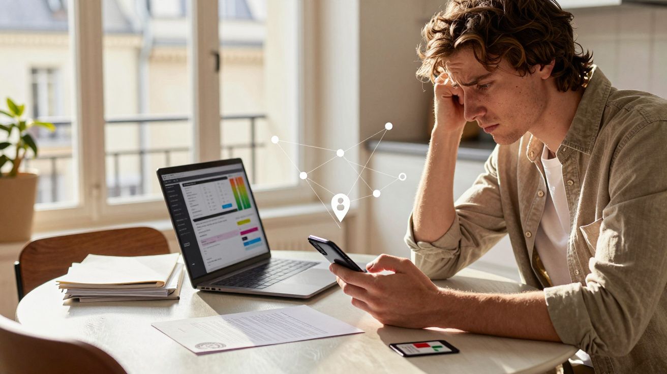 Homem preocupado a olhar para o telemóvel junto a computador portátil e documentos numa mesa iluminada.