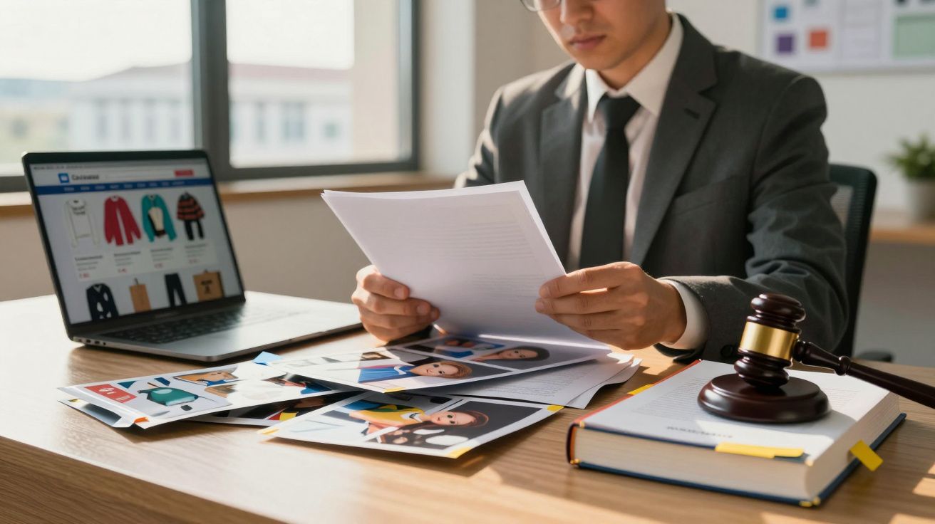 Homem de negócios com fato revisa documentos com fotos enquanto um martelo judicial está na mesa ao lado.