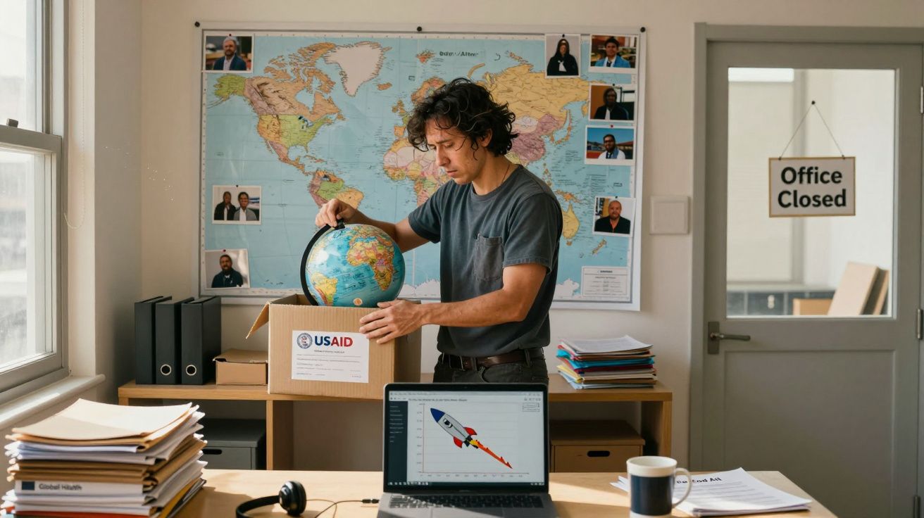 Homem a guardar globo terrestre numa caixa com etiqueta USAID num escritório fechado.