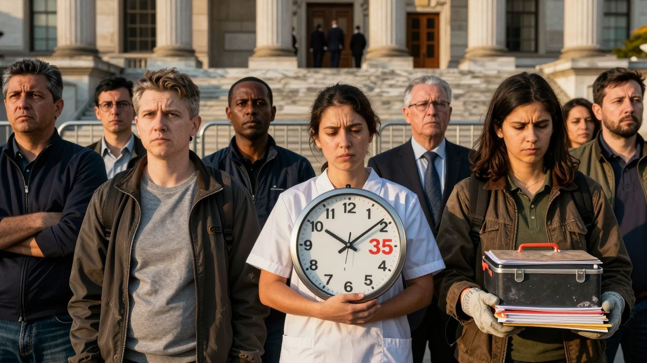 Grupo de pessoas sérias frente a edifício histórico, com mulher de bata branca segurando relógio grande.