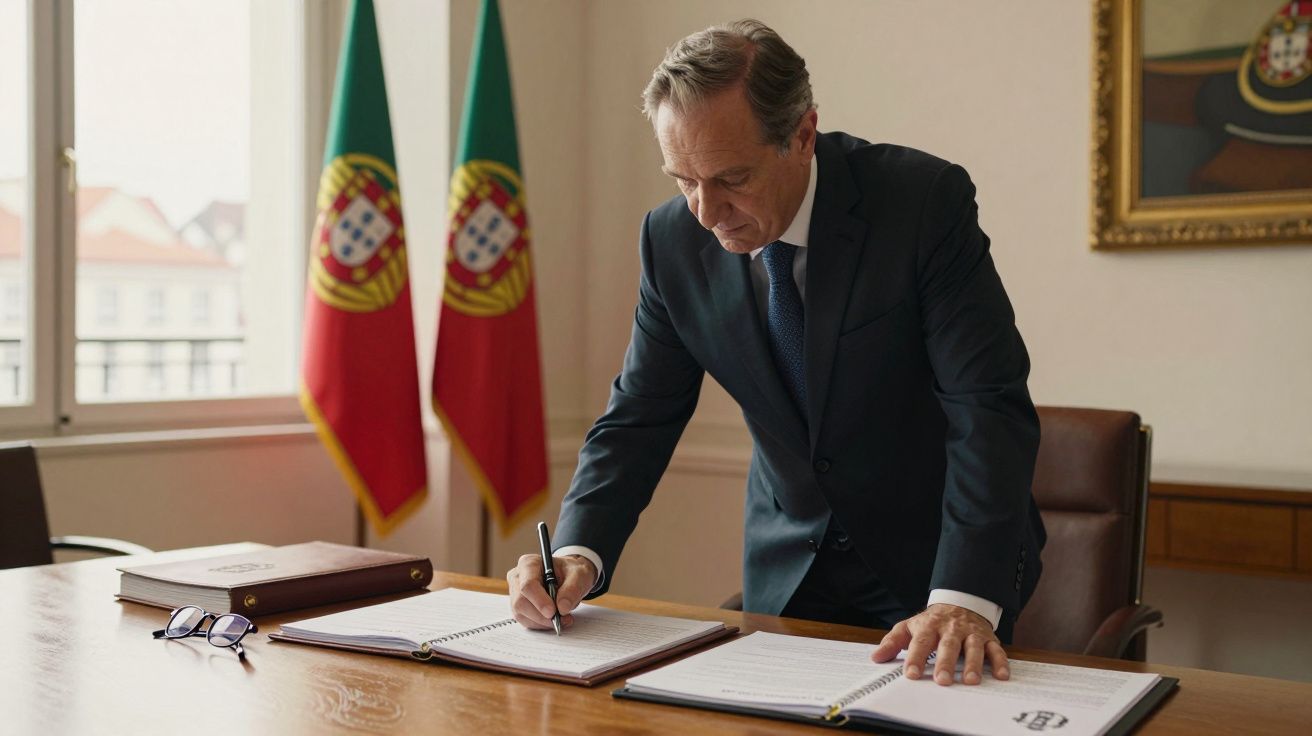 Homem de fato a assinar documento numa sala com duas bandeiras de Portugal ao fundo.