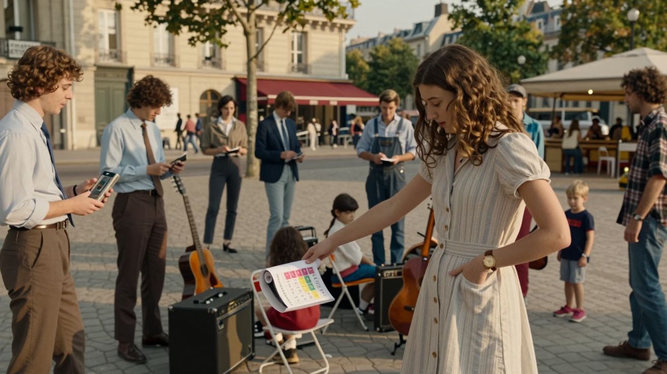 Jovens numa praça, alguns com telemóveis, outros com guitarras, ambiente descontraído ao ar livre.
