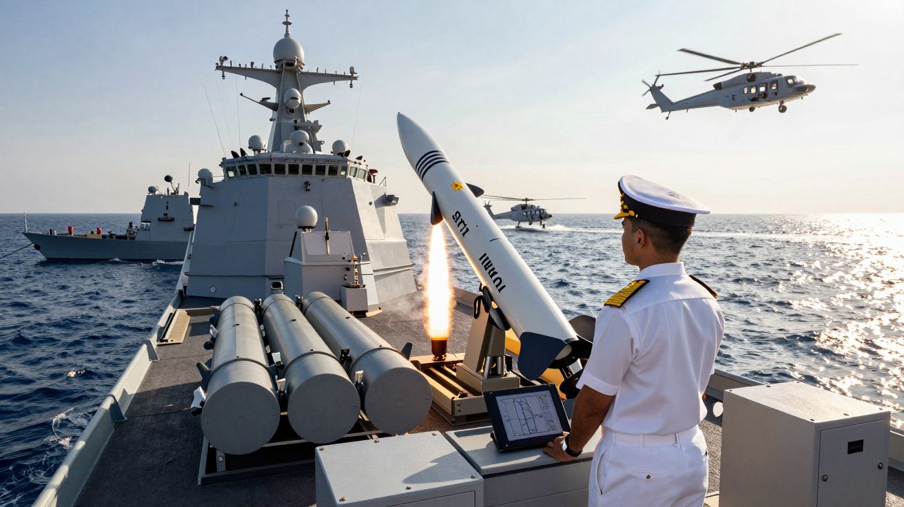 Dissuasor lançando míssil do convés de navio militar com helicóptero a voar no mar ao pôr do sol.