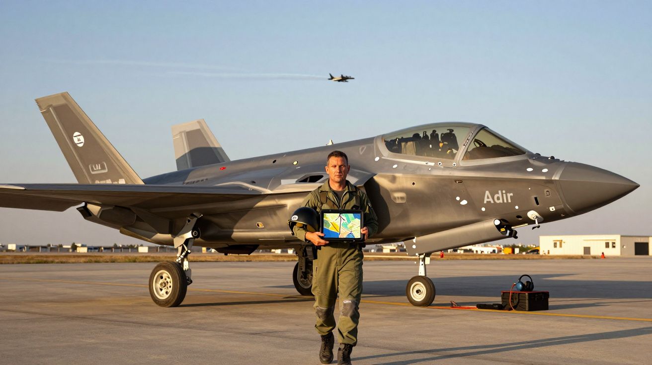 Piloto militar a caminhar junto a avião de caça F-35 Adir numa pista de aeroporto ao pôr do sol.