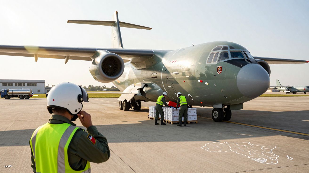 Militares a carregar caixas numa aeronave militar no aeroporto sob luz do dia.