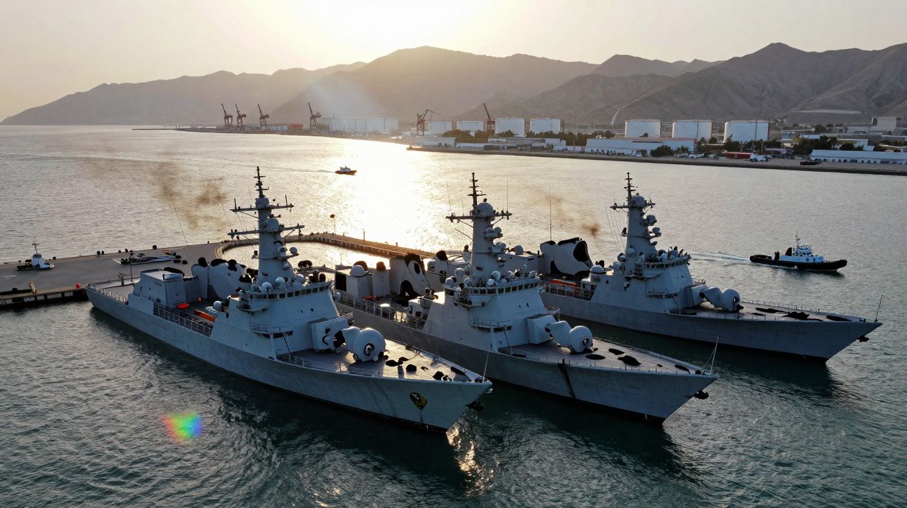 Três navios militares atracados num porto ao pôr do sol com montanhas e guindastes industriais ao fundo.