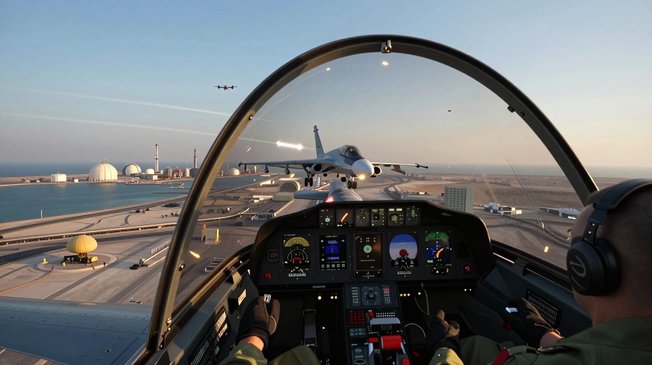 Interior do cockpit de um avião de combate a seguir outro jato em aproximação junto à costa industrial.