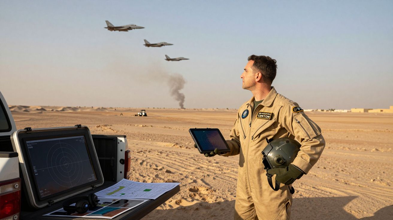 Piloto militar em fato de voo observa três aviões a jato sobrevoando um deserto com radar no veículo próximo.