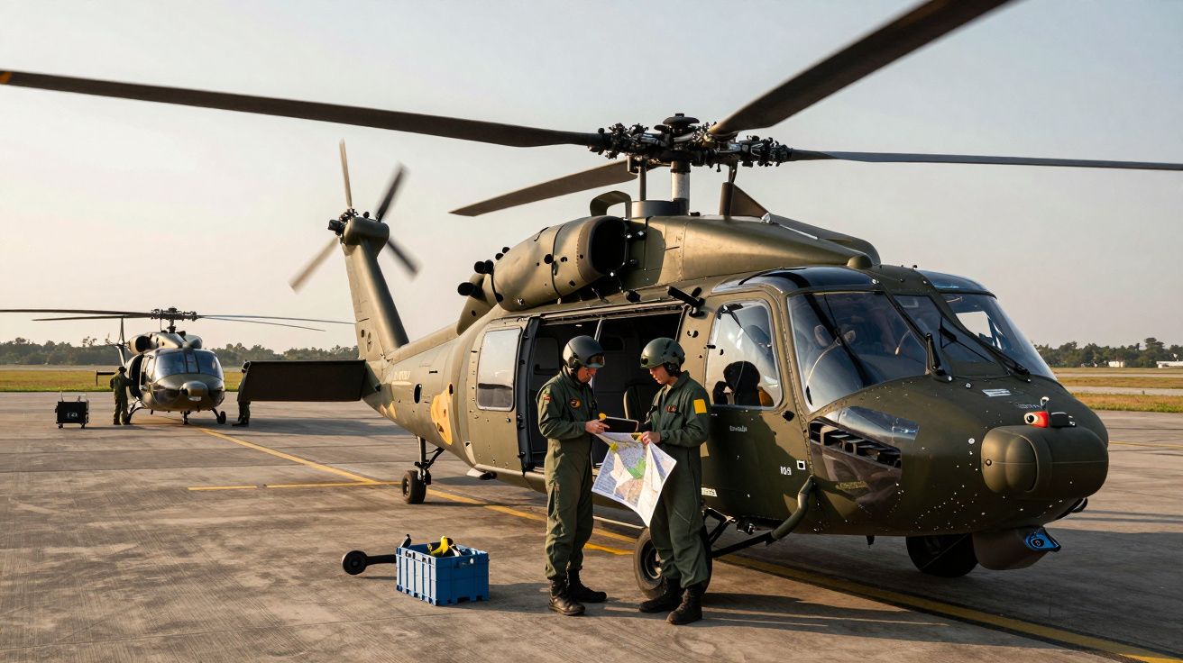 Helicópteros militares estacionados numa pista com dois soldados a consultar mapas em frente a um deles.