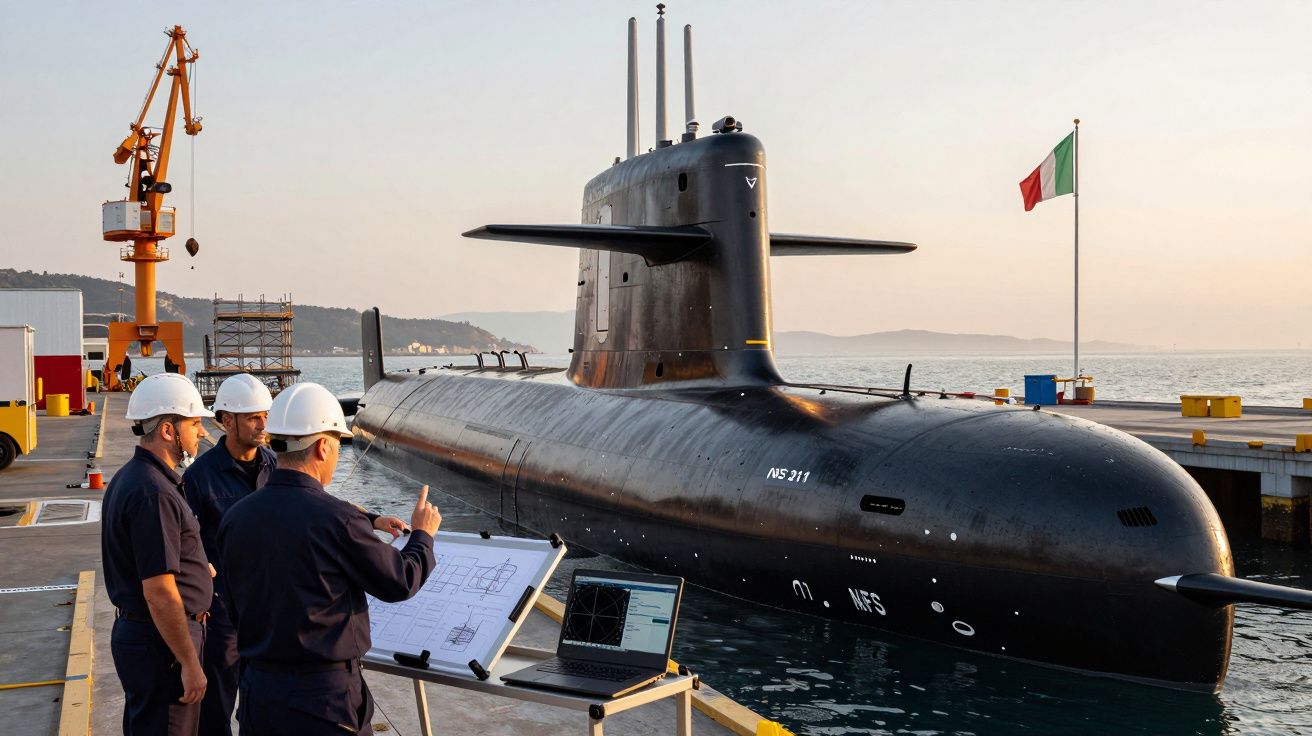 Três engenheiros com capacetes brancos ao lado de um submarino preto atracado num cais com bandeira italiana.