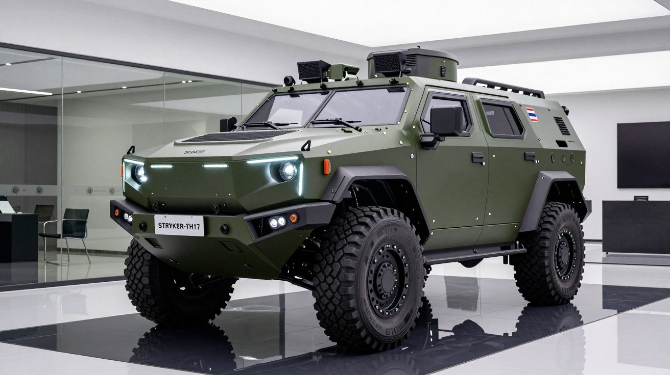 Veículo militar blindado de cor verde com rodas grandes exibido num espaço interior moderno e luminoso.