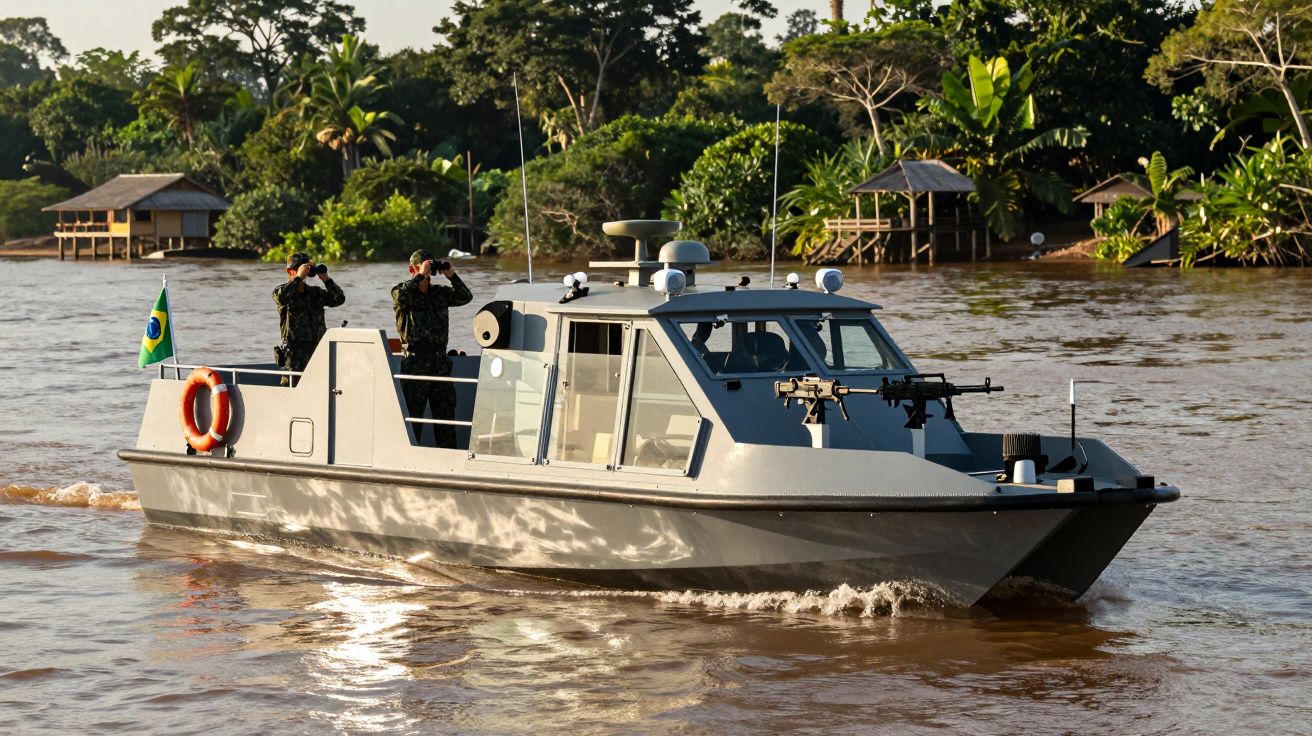 Barco militar com dois soldados na Amazónia, com bandeira do Brasil e árvores na margem do rio.