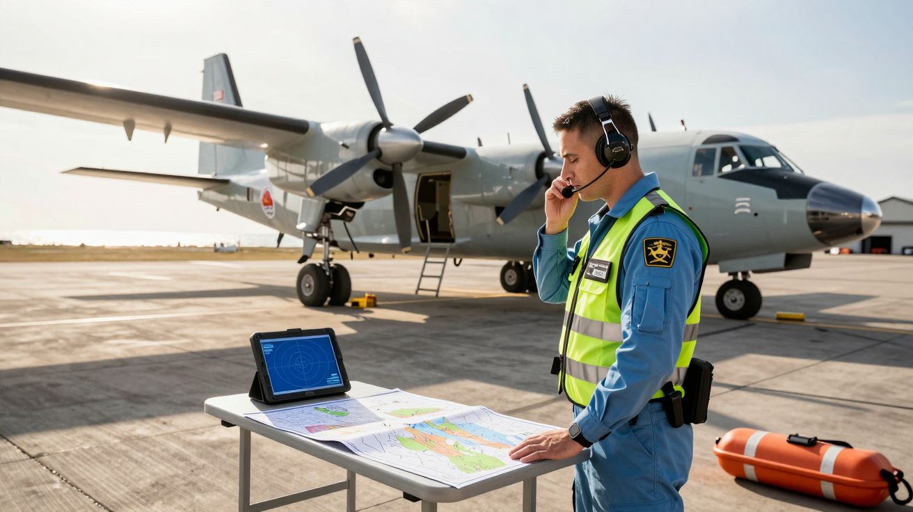 Militar em uniforme azul e colete refletor fala ao rádio com avião militar estacionado na pista ao fundo.