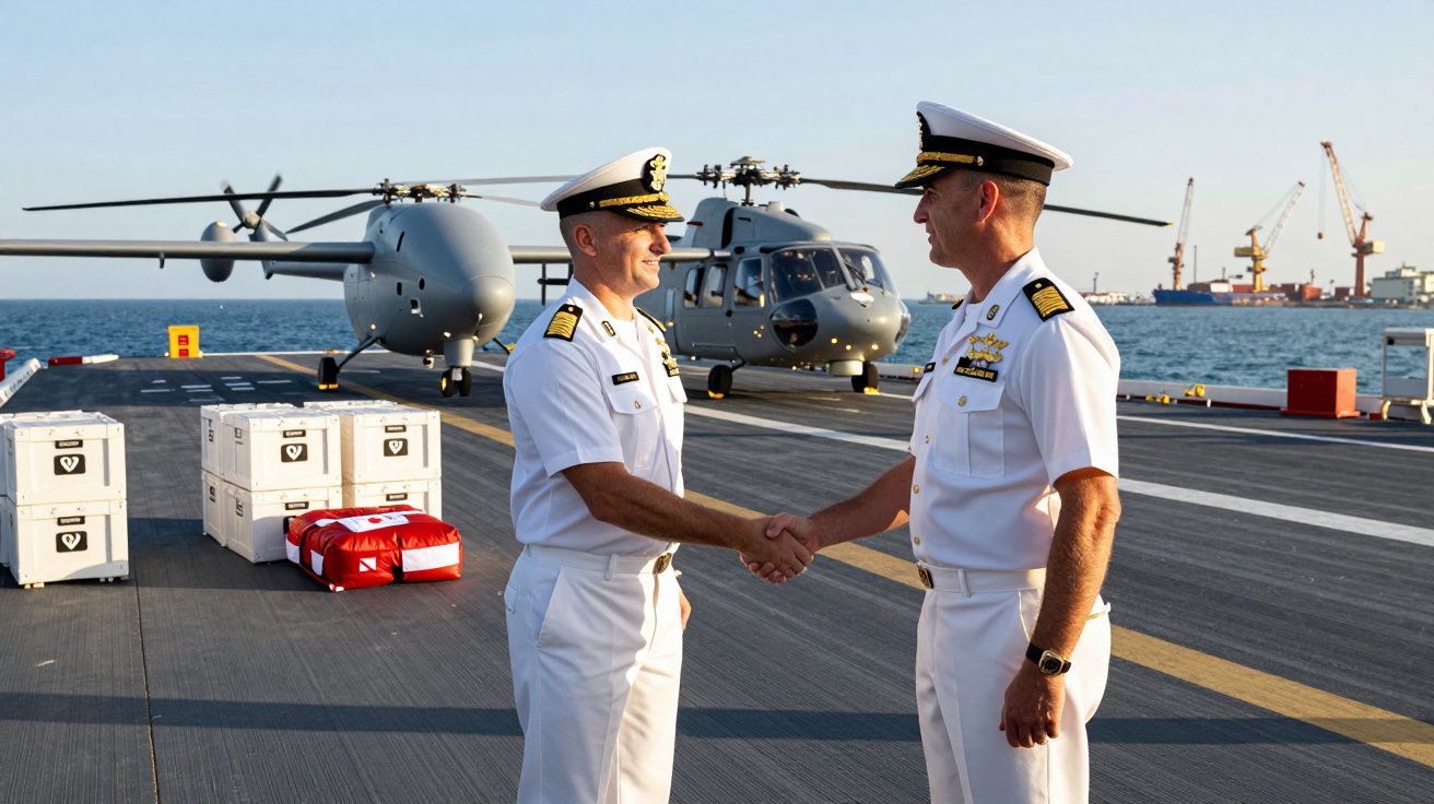 Dois oficiais navais de uniforme branco cumprimentam-se com aperto de mão em porta-aviões com dois helicópteros ao fundo.