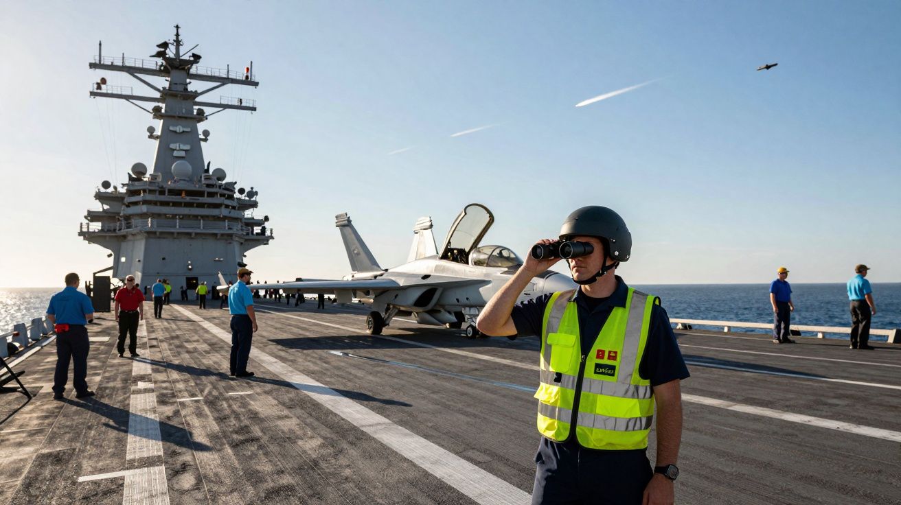 Homem com colete refletor e capacete observa o céu com binóculos no convés de porta-aviões com jato estacionado.