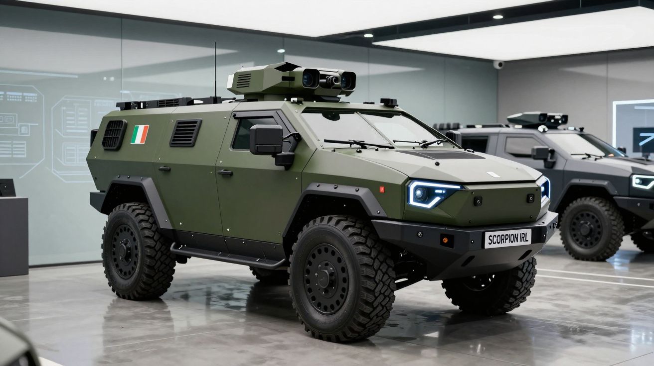 Veículo blindado militar verde com equipamento tecnológico no tejadilho, exposto em interior moderno.