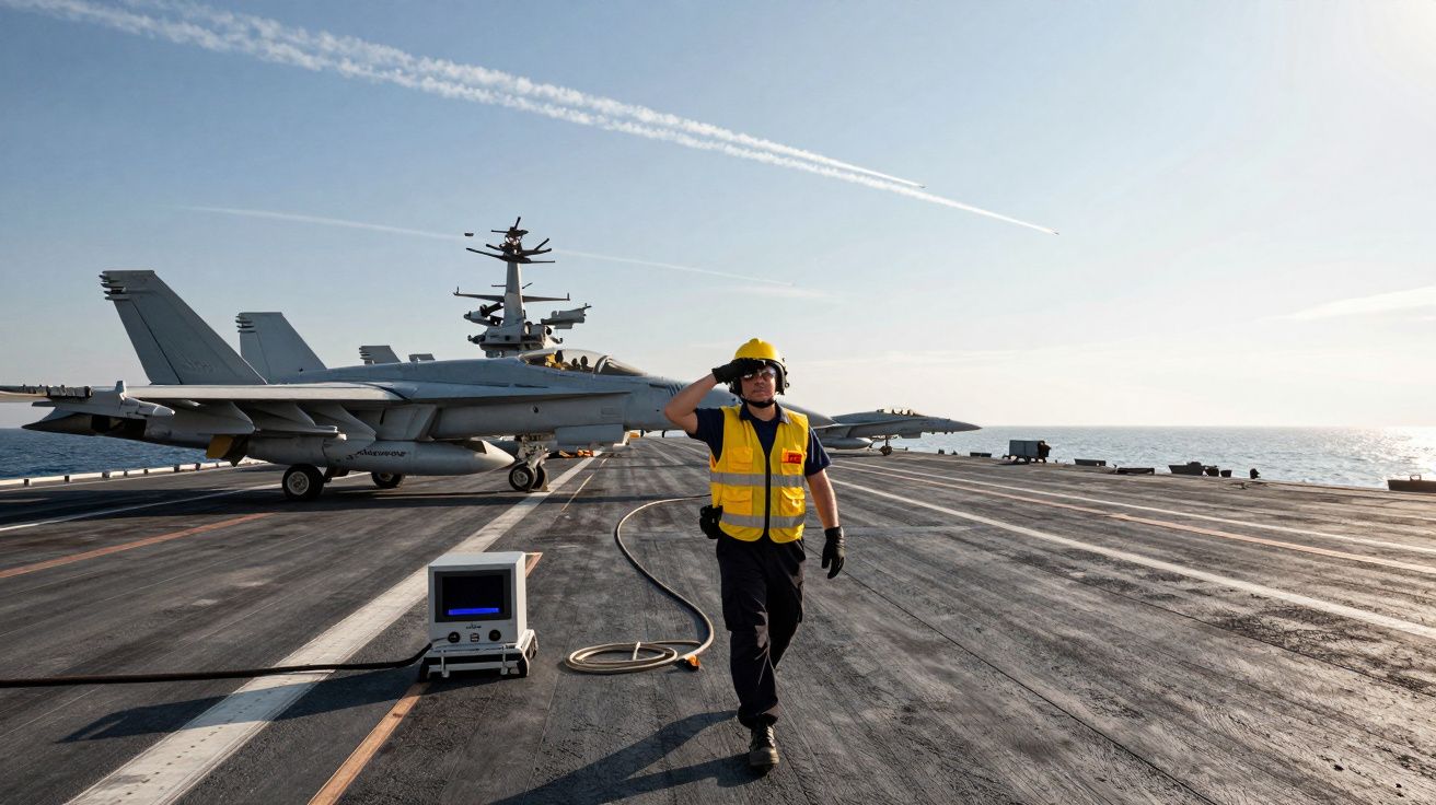 Homem com colete e capacete amarelo numa pista de avião de porta-aviões com jato militar ao fundo.