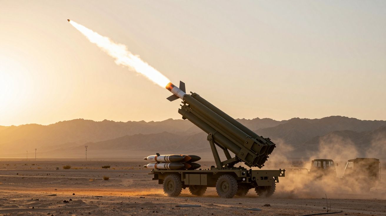 Lançamento de míssil a partir de veículo militar no deserto ao pôr do sol com montanhas ao fundo.