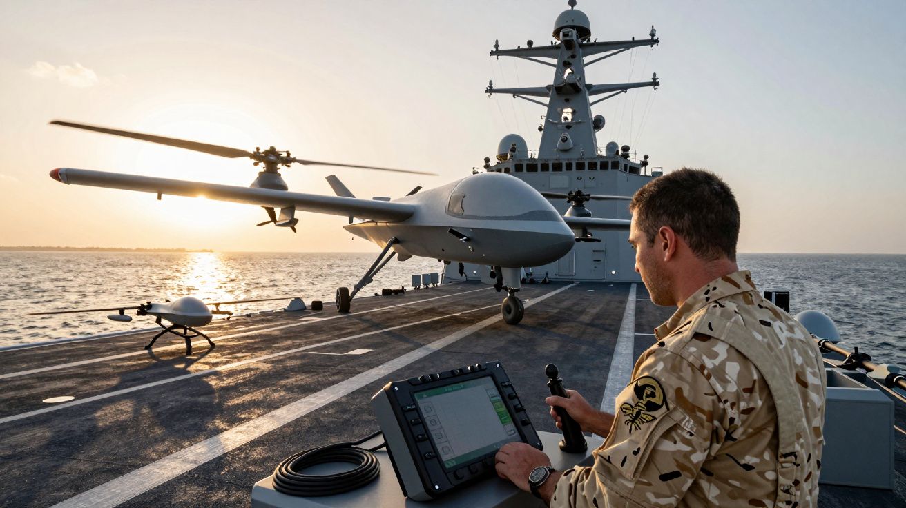 Militar opera drone com helicóptero num navio de guerra ao pôr do sol no mar aberto.