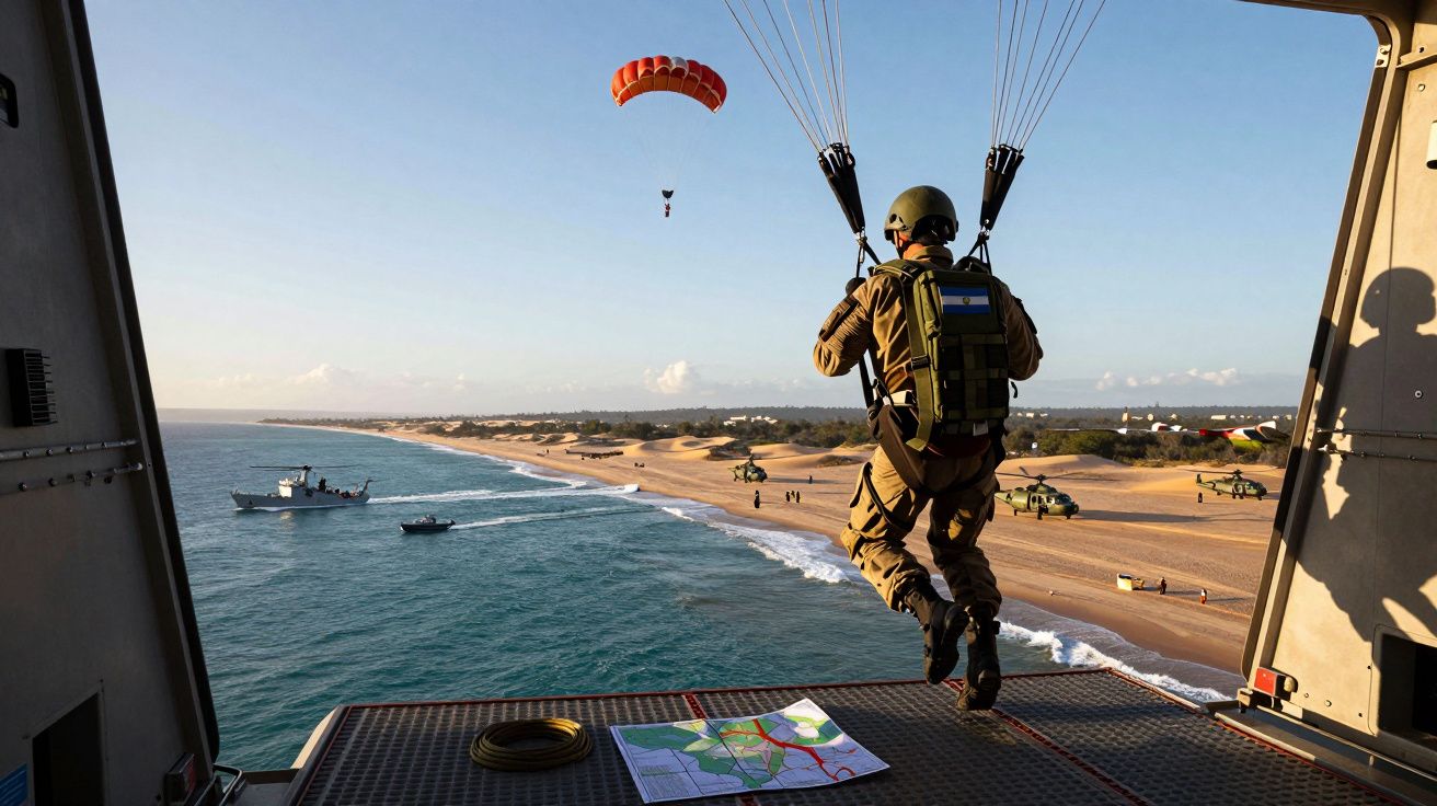 Soldado em paraquedas a saltar de um helicóptero sobre praia com barcos e helicópteros ao fundo.