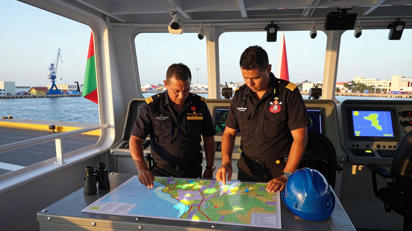 Dois oficiais navais analisam um mapa náutico na ponte de comando de um barco ancorado no porto.