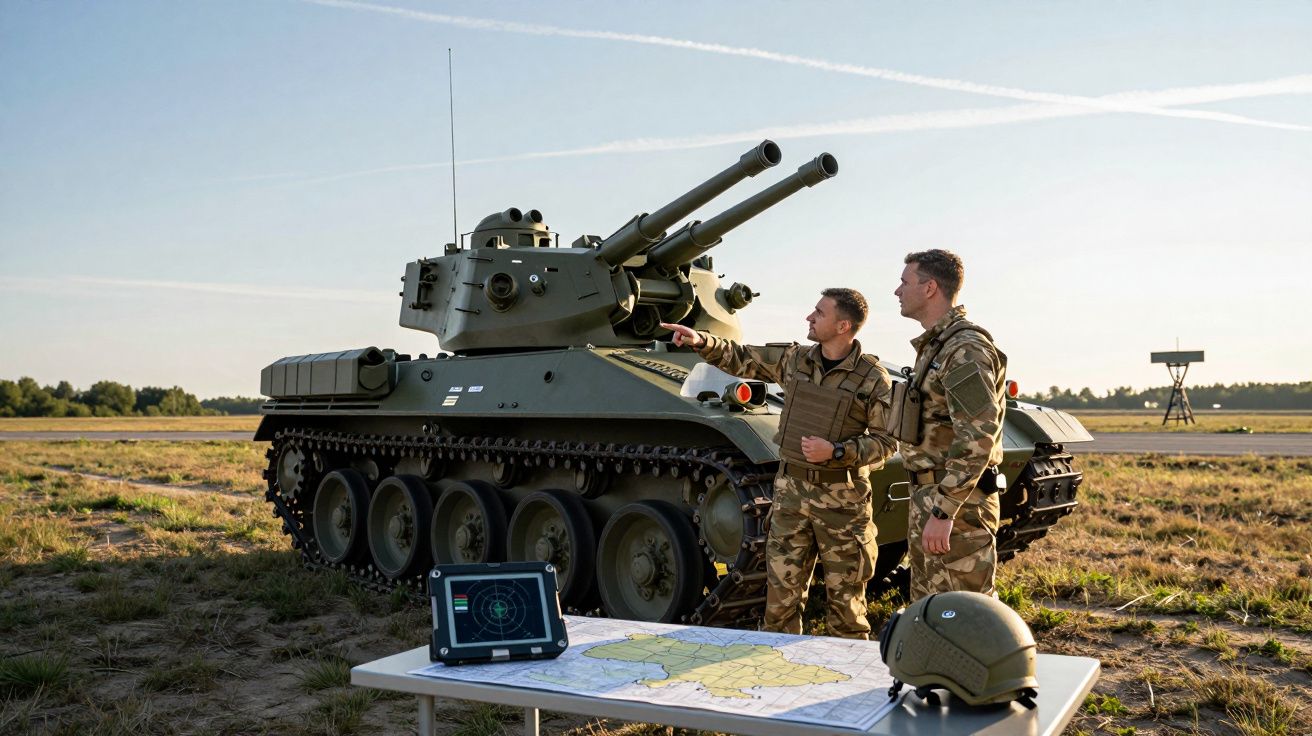 Dois soldados em uniforme de camuflagem junto a tanque militar e mesa com mapa e equipamento de radar.