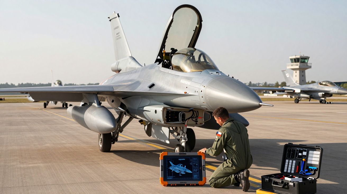 Militar em uniforme realiza manutenção num caça furtivo F-16 numa pista de aeroporto militar.