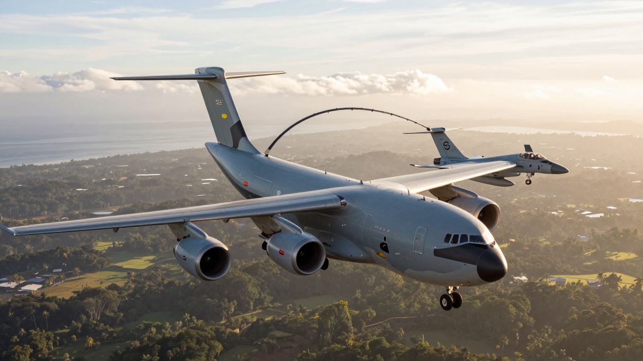 Avião militar aéreo com equipamento de reabastecimento aéreao ao pôr do sol sobre paisagem verde.