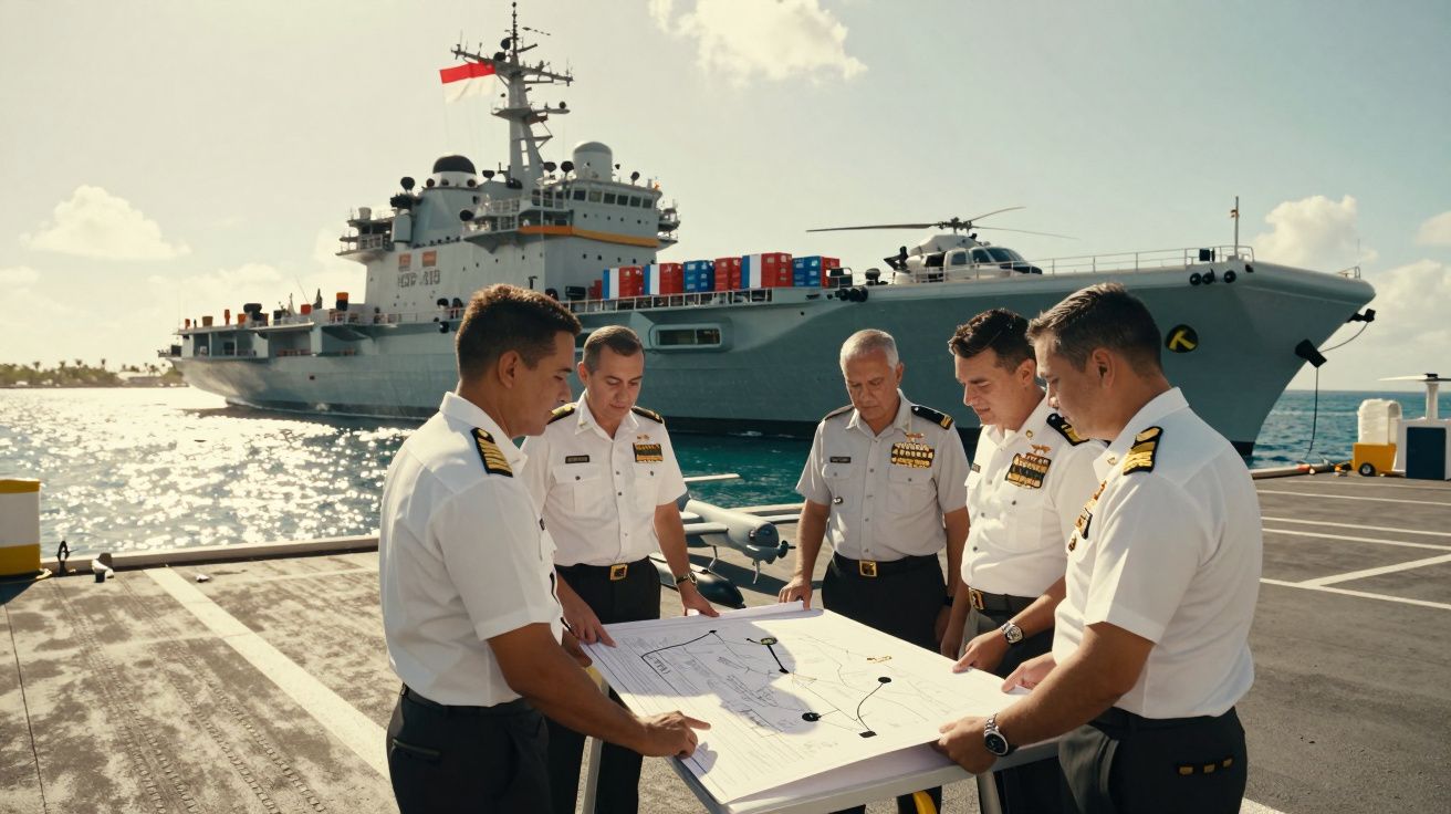 Cinco oficiais navais a analisar mapas numa doca com navio militar e helicóptero ao fundo.