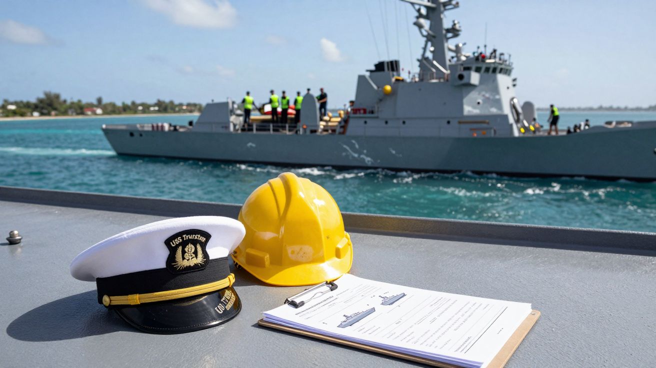 Bordas de um navio com um chapéu de comandante, capacete amarelo e prancheta, com navio militar ao fundo no mar.