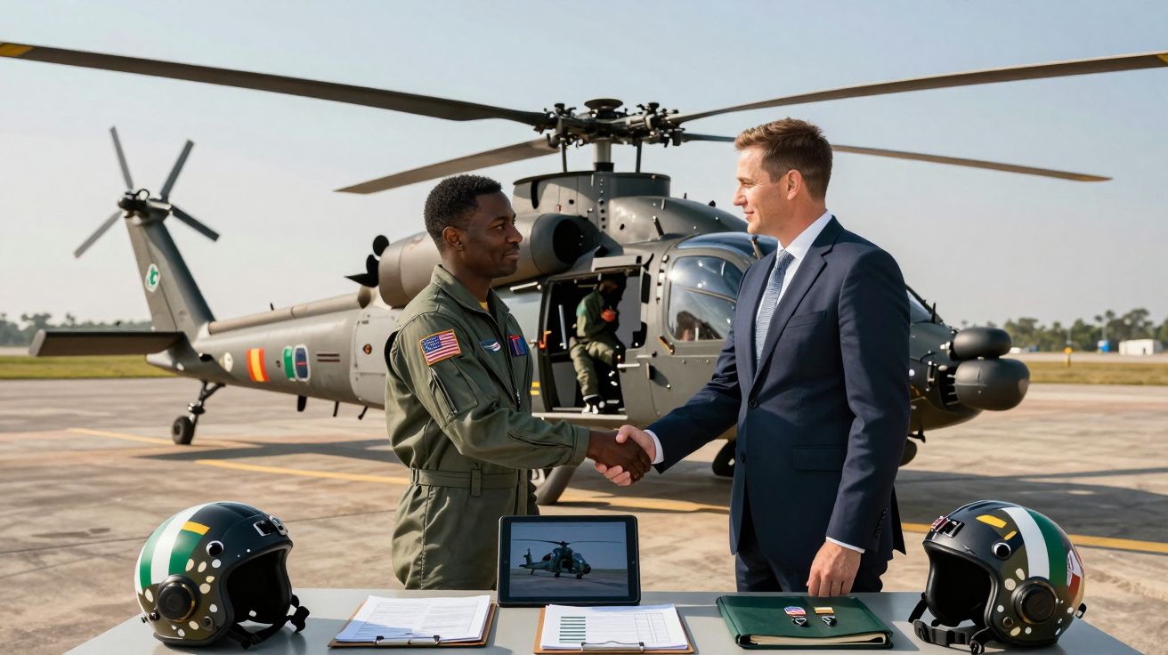 Dois homens, um piloto militar e outro de fato, apertam as mãos junto a helicóptero militar e capacetes, em pista aérea.