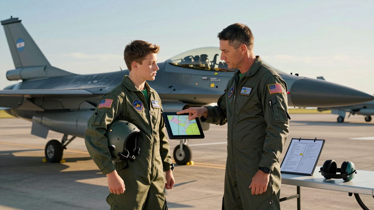 Dois pilotos em uniforme de voo a discutir mapas diante de um jato militar numa pista de aterragem.