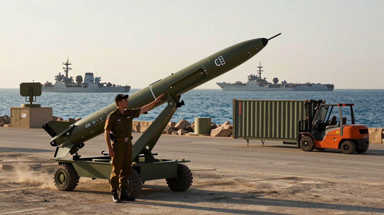 Soldado junto a míssil de grande porte no cais com navios militares no mar ao fundo e empilhadora ao lado.