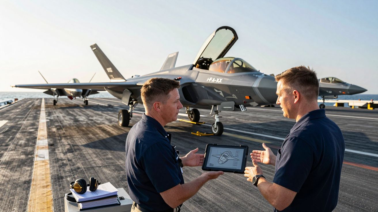 Dois homens em uniforme militar discutem junto a um avião de caça num porta-aviões ao pôr do sol.